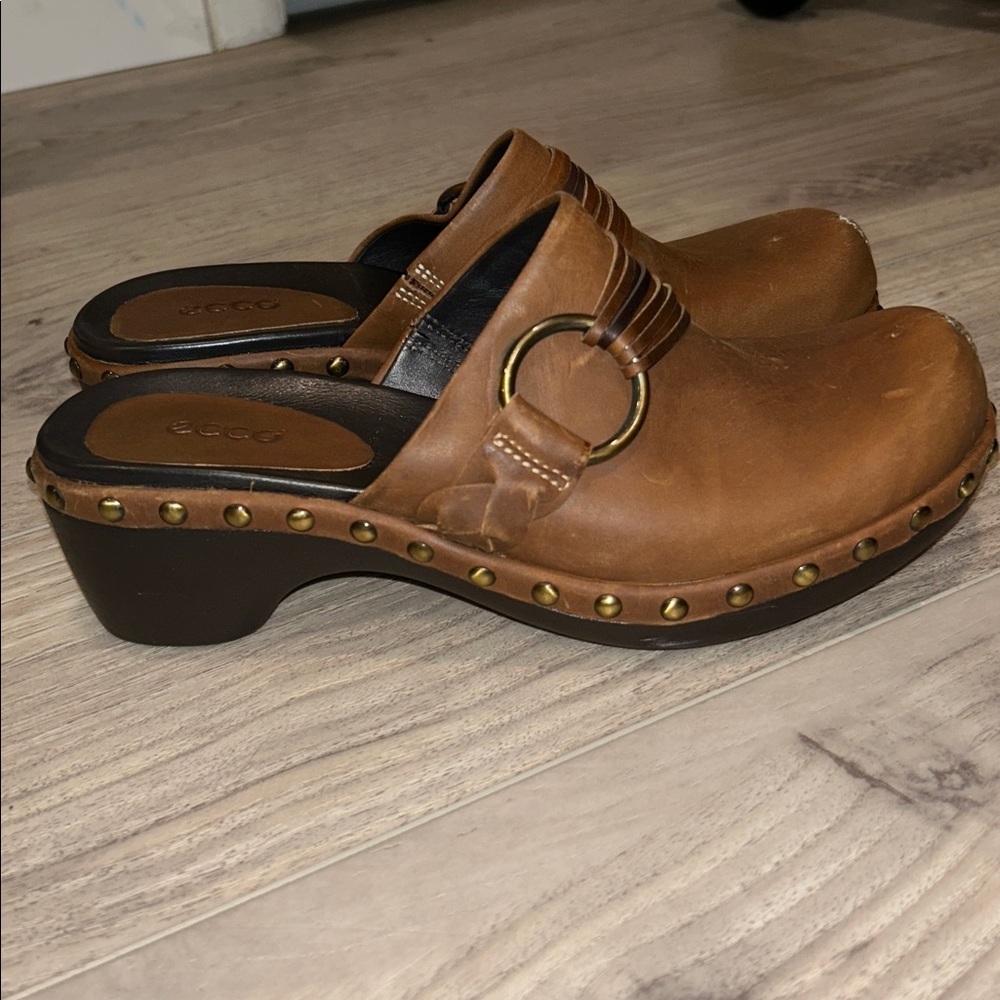 Ecco Leather Studded Slip On Size 6 EU 37 Mules Clogs Chunky Strap Boho Brown - Picture 3 of 8
